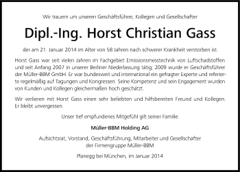 Traueranzeige von Horst Christian Gass von Süddeutsche Zeitung