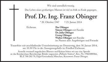 Traueranzeige von Franz Obinger von Süddeutsche Zeitung