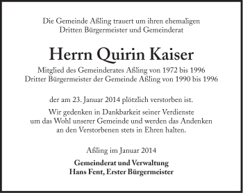 Traueranzeige von Quirin Kaiser von Süddeutsche Zeitung