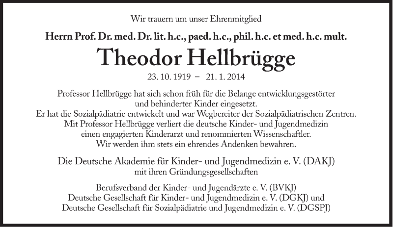  Traueranzeige für Theodor Hellbrügge vom 29.01.2014 aus Süddeutsche Zeitung