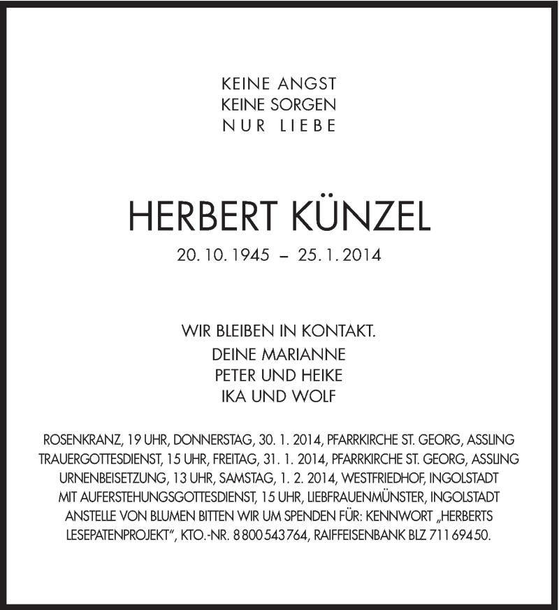  Traueranzeige für Herbert Künzel vom 29.01.2014 aus Süddeutsche Zeitung