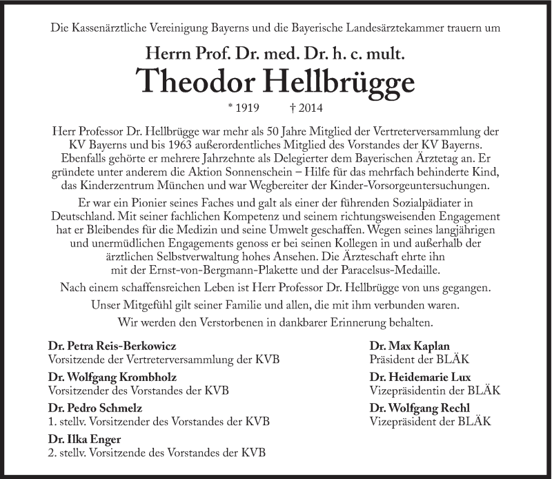  Traueranzeige für Theodor Hellbrügge vom 31.01.2014 aus Süddeutsche Zeitung