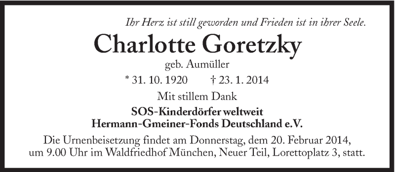  Traueranzeige für Charlotte Goretzky vom 08.02.2014 aus Süddeutsche Zeitung