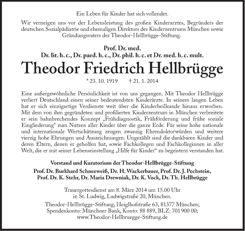  Traueranzeige für Theodor Hellbrügge vom 01.02.2014 aus Süddeutsche Zeitung