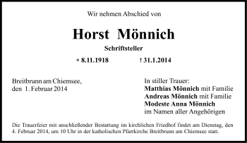 Traueranzeige von Horst Mönnich von Süddeutsche Zeitung