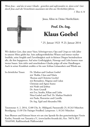 Traueranzeige von Klaus Goebel von Süddeutsche Zeitung