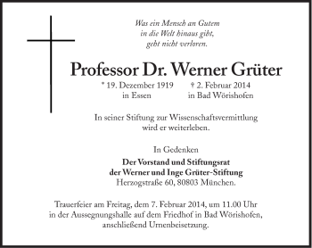 Traueranzeige von Werner Grüter von Süddeutsche Zeitung