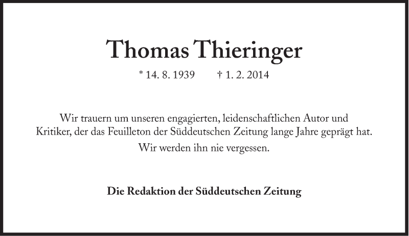  Traueranzeige für Thomas Thieringer vom 05.02.2014 aus Süddeutsche Zeitung