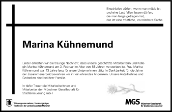 Traueranzeige von Marina Kühnemund von Süddeutsche Zeitung