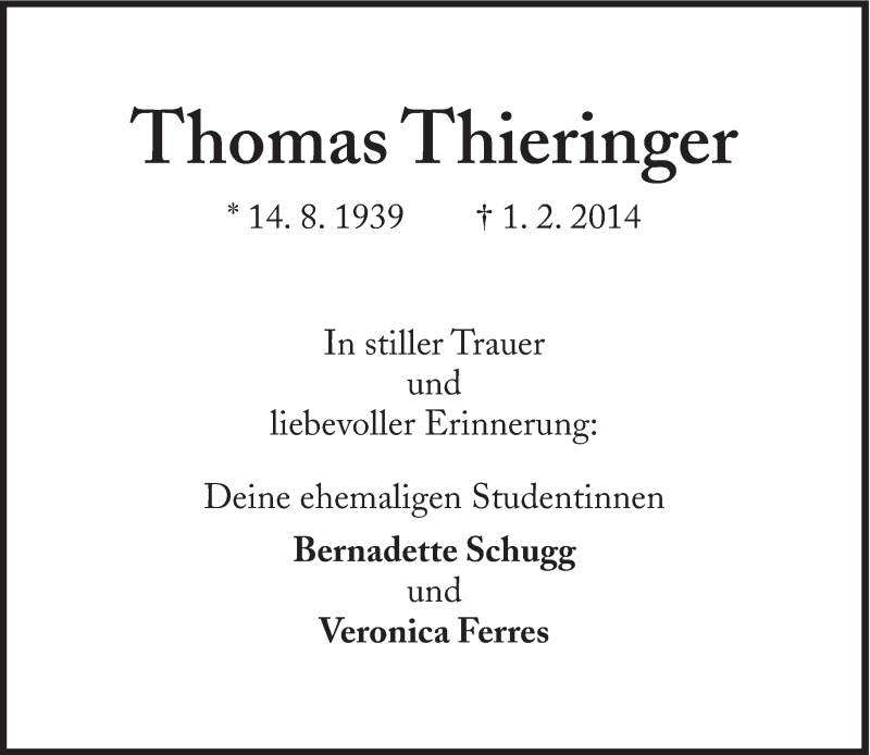  Traueranzeige für Thomas Thieringer vom 06.02.2014 aus Süddeutsche Zeitung