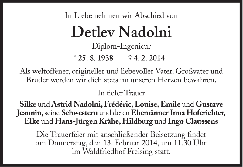  Traueranzeige für Detlev Nadolni vom 07.02.2014 aus Süddeutsche Zeitung