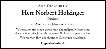 Traueranzeige von Norbert Holzinger von Süddeutsche Zeitung