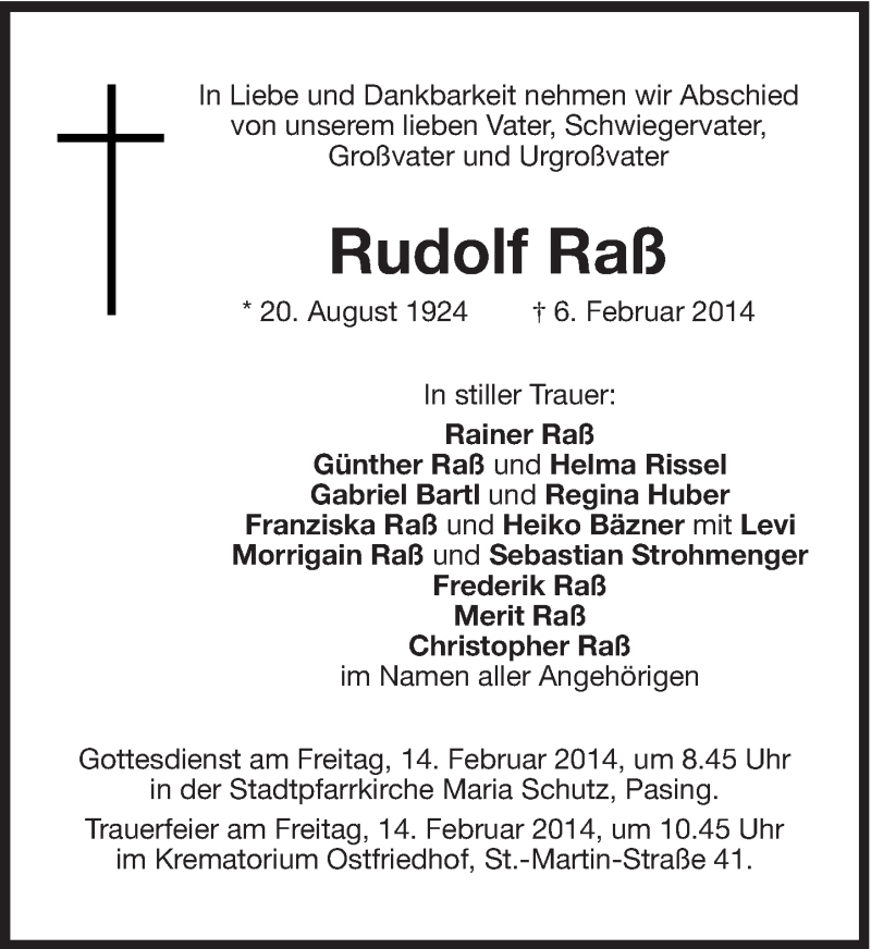  Traueranzeige für Rudolf Raß vom 08.02.2014 aus Süddeutsche Zeitung