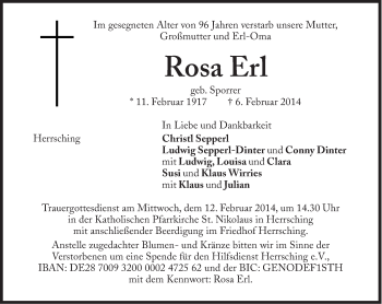 Traueranzeige von Rosa Erl von Süddeutsche Zeitung