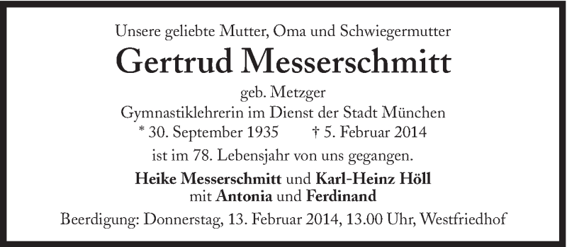  Traueranzeige für Gertrud Messerschmitt vom 08.02.2014 aus Süddeutsche Zeitung