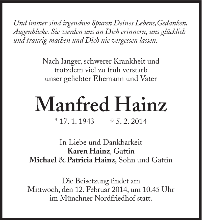  Traueranzeige für Manfred Hainz vom 08.02.2014 aus Süddeutsche Zeitung