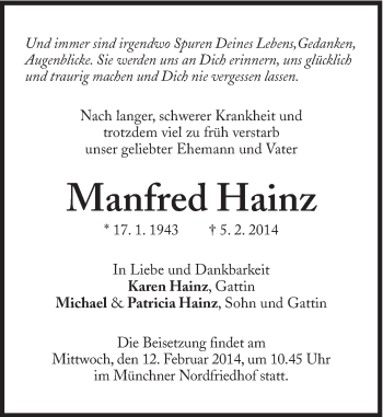 Traueranzeige von Manfred Hainz von Süddeutsche Zeitung
