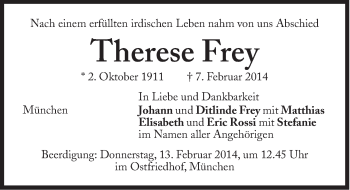 Traueranzeige von Therese Frey von Süddeutsche Zeitung