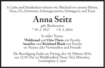 Traueranzeige von Anna Seitz von Süddeutsche Zeitung