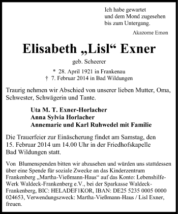 Traueranzeige von Elisabeth  Exner von Süddeutsche Zeitung