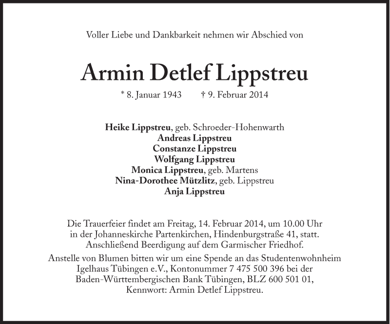  Traueranzeige für Armin Detlef Lippstreu vom 11.02.2014 aus Süddeutsche Zeitung