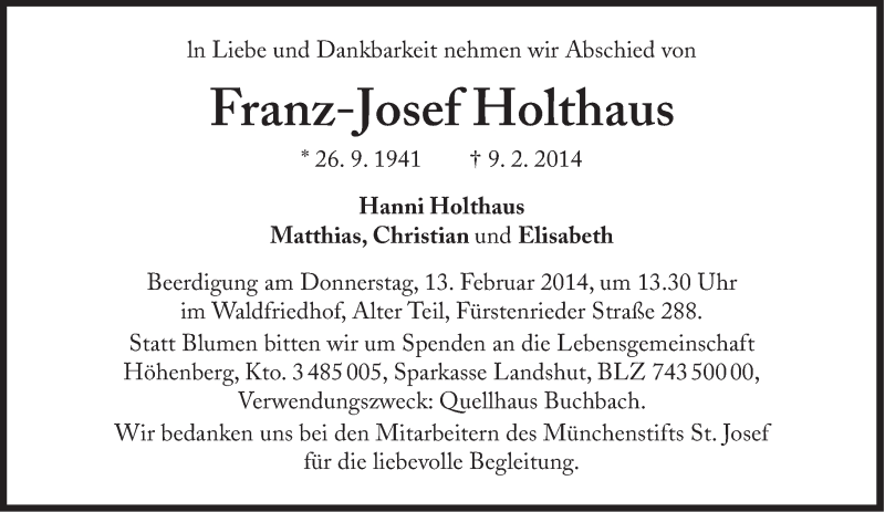  Traueranzeige für Franz-Josef Holthaus vom 11.02.2014 aus Süddeutsche Zeitung