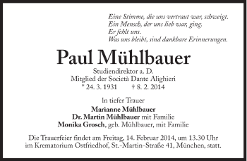 Traueranzeige von Paul Mühlbauer von Süddeutsche Zeitung