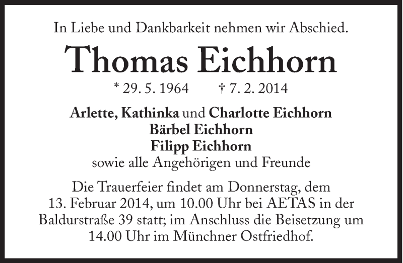  Traueranzeige für Thomas Eichhorn vom 12.02.2014 aus Süddeutsche Zeitung