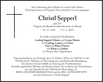 Traueranzeige von Christl Sepperl von Süddeutsche Zeitung