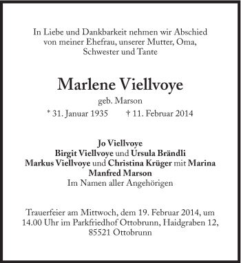 Traueranzeige von Marlene Viellvoye von Süddeutsche Zeitung