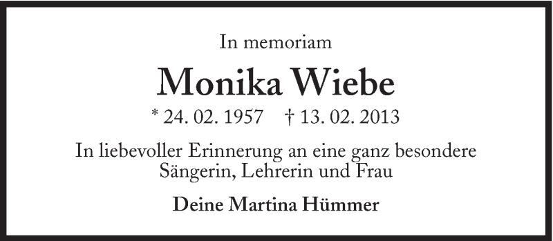  Traueranzeige für Monika Wiebe vom 13.02.2014 aus Süddeutsche Zeitung