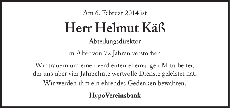  Traueranzeige für Helmut Käß vom 13.02.2014 aus Süddeutsche Zeitung