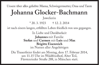 Traueranzeige von Johanna Glocker-Bachmann von Süddeutsche Zeitung