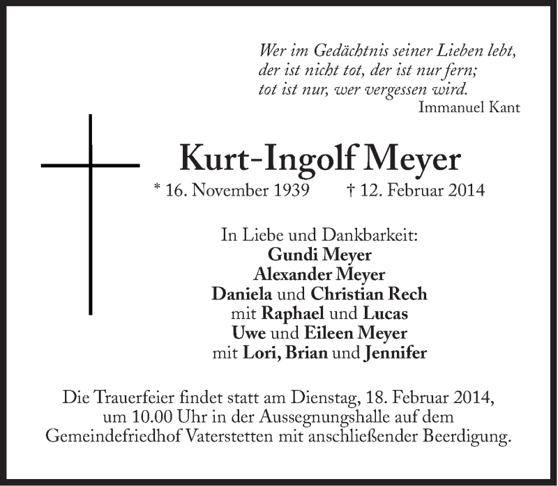  Traueranzeige für Kurt-Ingolf Meyer vom 15.02.2014 aus Süddeutsche Zeitung