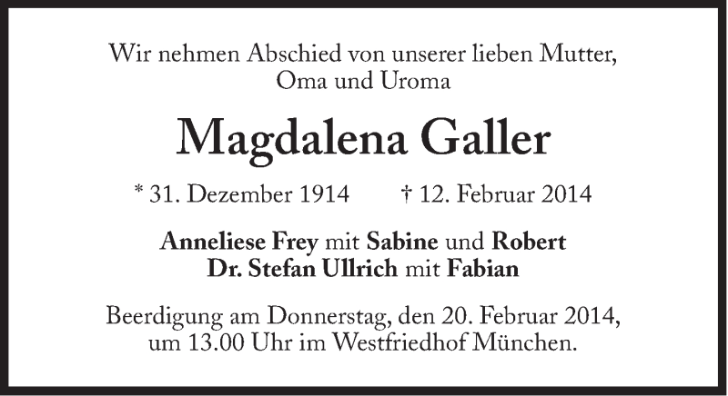 Traueranzeige für Magdalena Galler vom 15.02.2014 aus Süddeutsche Zeitung