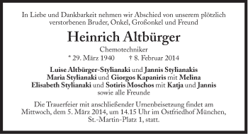 Traueranzeige von Heinrich Altbürger von Süddeutsche Zeitung