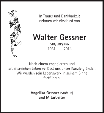 Traueranzeige von Walter Gessner von Süddeutsche Zeitung