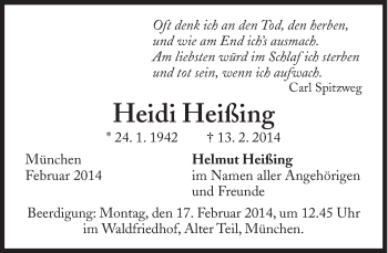 Traueranzeige von Heißing Heidi von Süddeutsche Zeitung