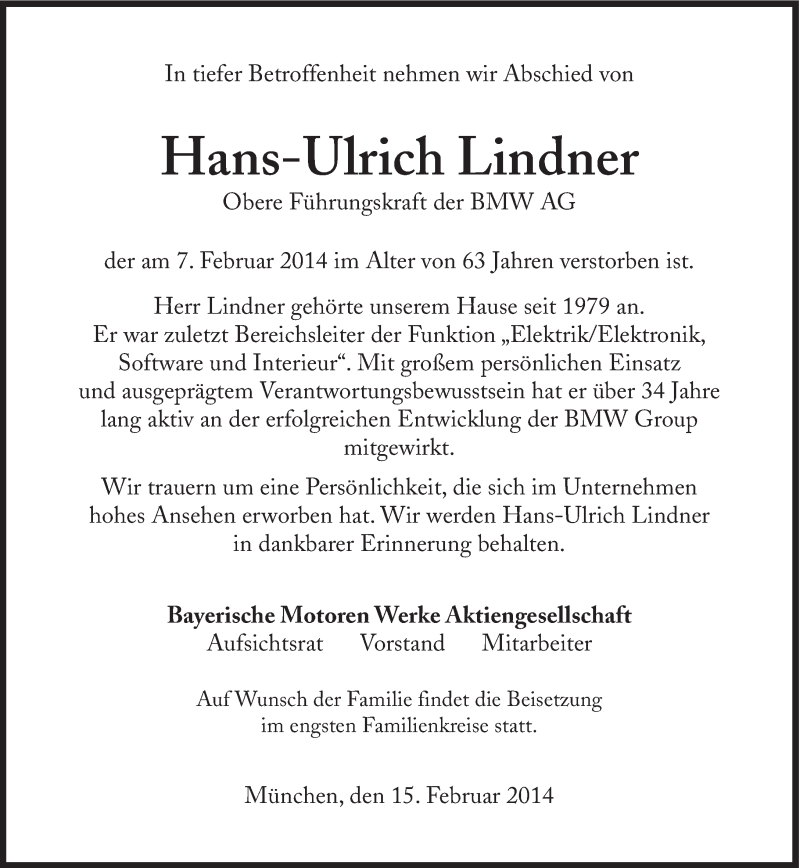  Traueranzeige für Hans-Ulrich Lindner vom 15.02.2014 aus Süddeutsche Zeitung