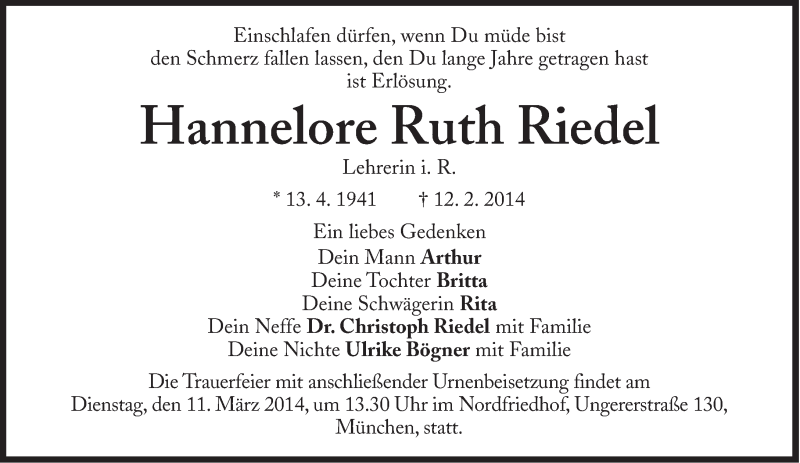  Traueranzeige für Hannelore Ruth Riedel vom 01.03.2014 aus Süddeutsche Zeitung