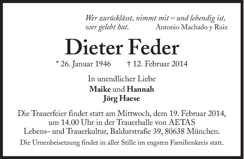  Traueranzeige für Dieter Feder vom 15.02.2014 aus Süddeutsche Zeitung
