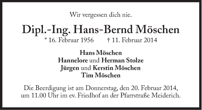  Traueranzeige für Hans-Bernd Möschen vom 18.02.2014 aus Süddeutsche Zeitung