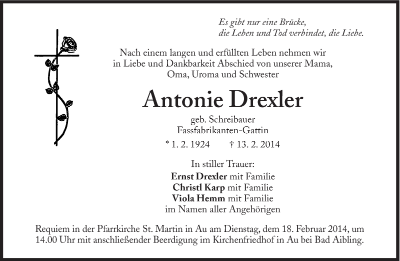  Traueranzeige für Antonie Drexler vom 15.02.2014 aus Süddeutsche Zeitung