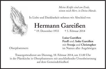 Traueranzeige von Hermann Gareißen von Süddeutsche Zeitung