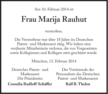 Traueranzeige von Marija Rauhut von Süddeutsche Zeitung
