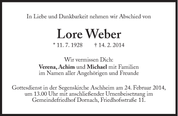 Traueranzeige von Lore Weber von Süddeutsche Zeitung