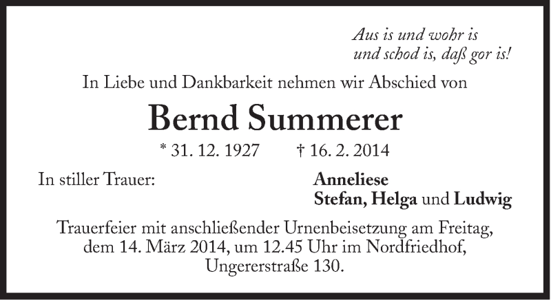  Traueranzeige für Bernd Summerer vom 01.03.2014 aus Süddeutsche Zeitung