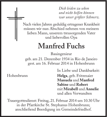 Traueranzeige von Manfred Fuchs von Süddeutsche Zeitung