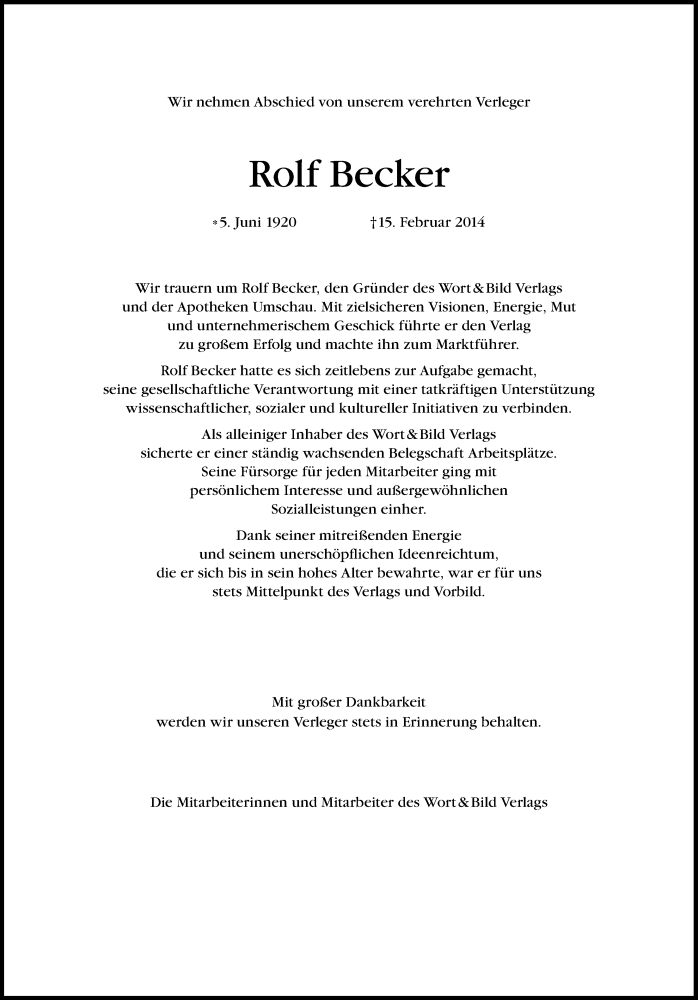  Traueranzeige für Rolf Becker vom 22.02.2014 aus Süddeutsche Zeitung