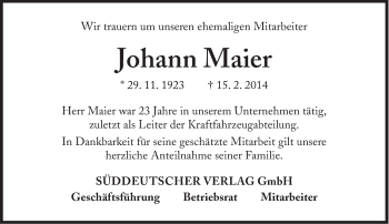Traueranzeige von Johann Maier von Süddeutsche Zeitung